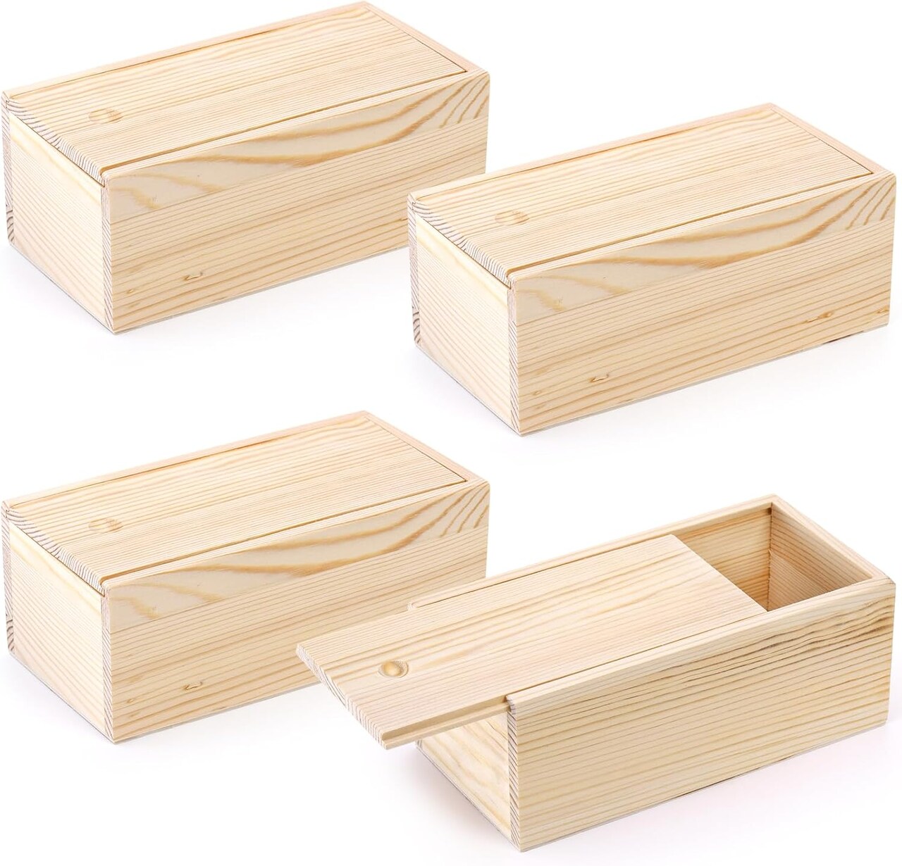 4 Pack Unfinished Wood Storage Box with Slide Lid, Vintage Keepsake Case Cards Container Small Gift Box for Art Hobbies, DIY Craft, Desktop Bead Organizer